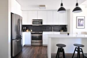 A black and white kitchen