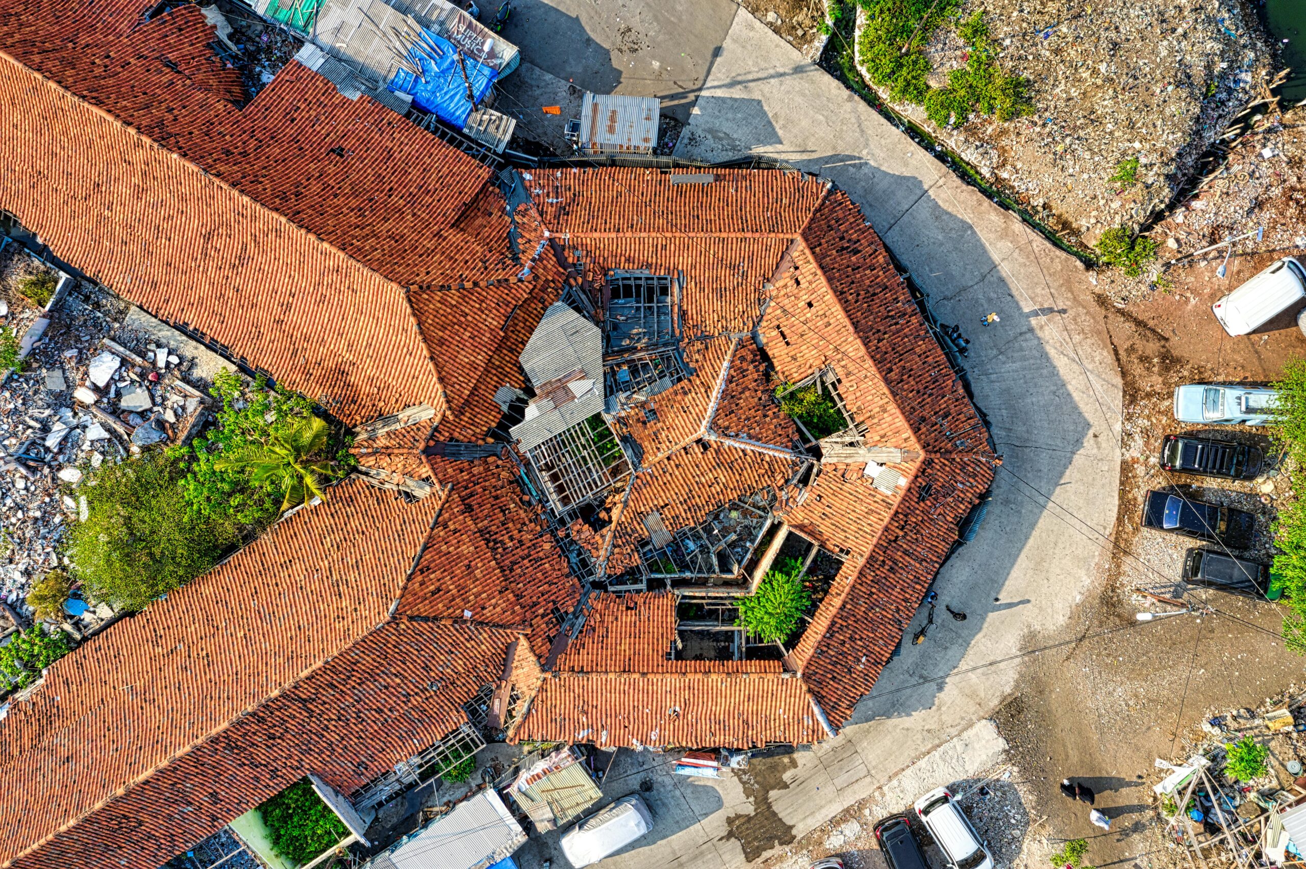 aerial shot of a damaged roof