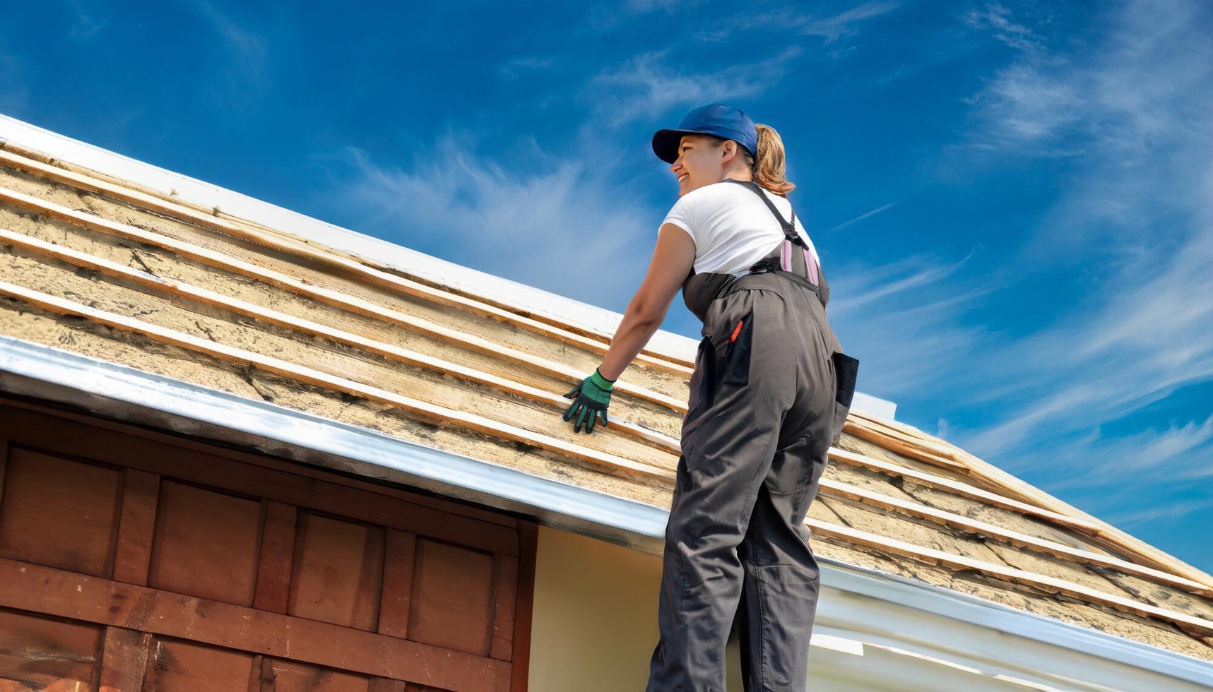 woman working on roof installation Woman installing new roof